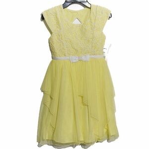 Jona Michelle Girls Yellow Floral Layered Formal A-Line Dress Cap Sleeve 8